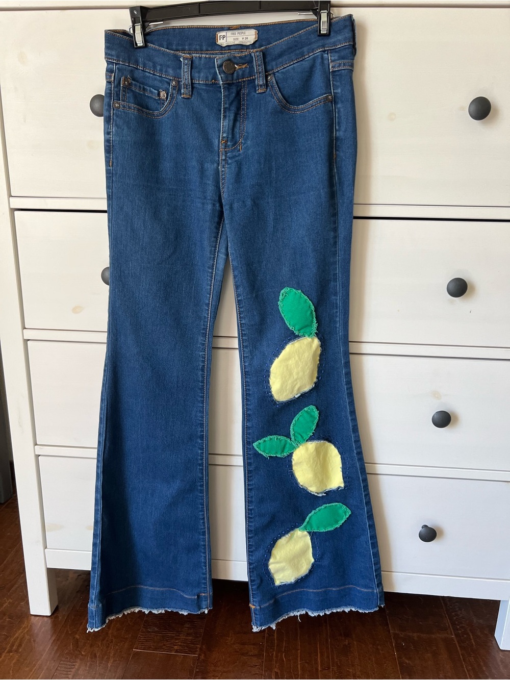 Free People Dark Blue Dallas Flare Jeans with Yellow Lemon Appliqués